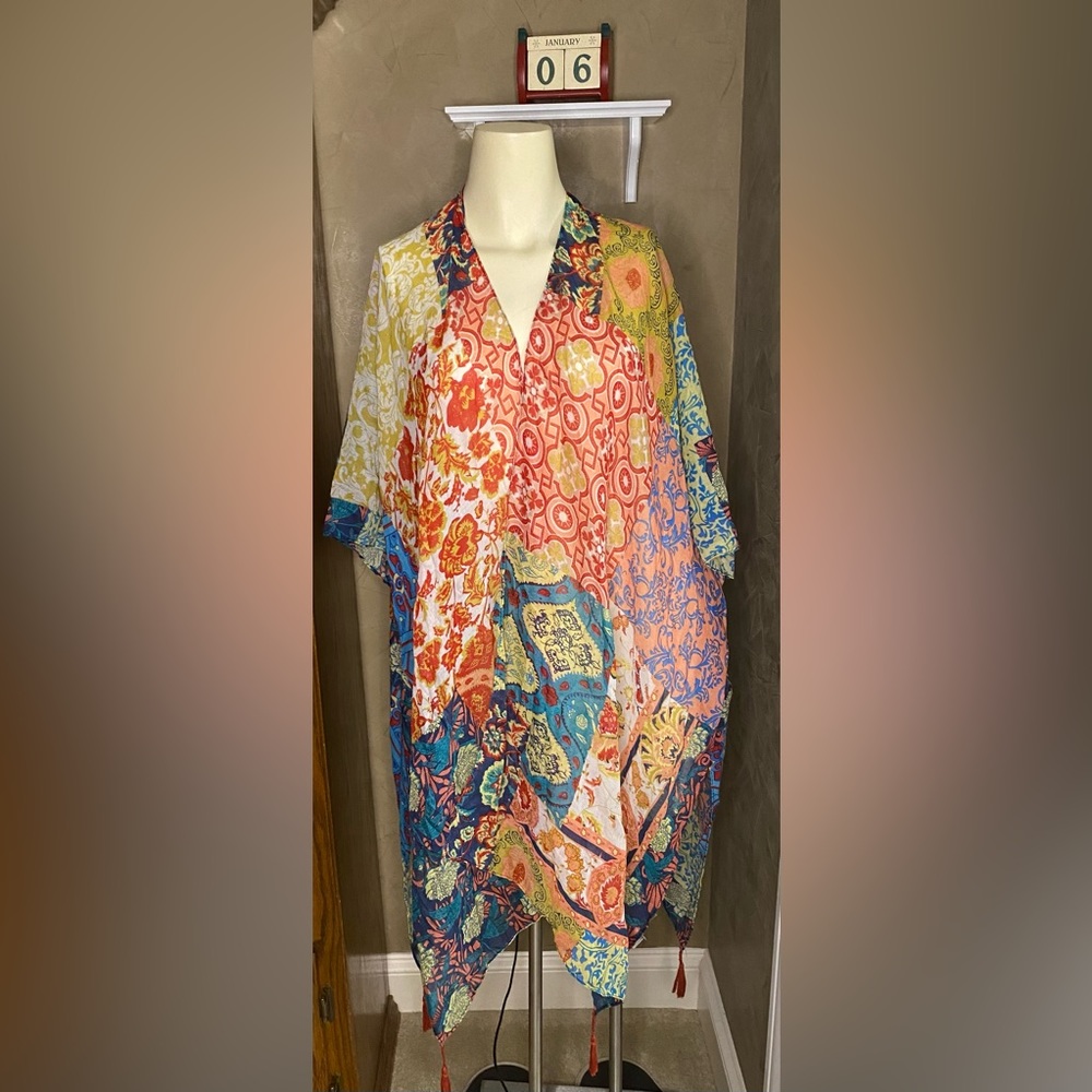 Paparazzi by Biz colorful semi- sheer Oversized poncho Swimsuit cover up tassels